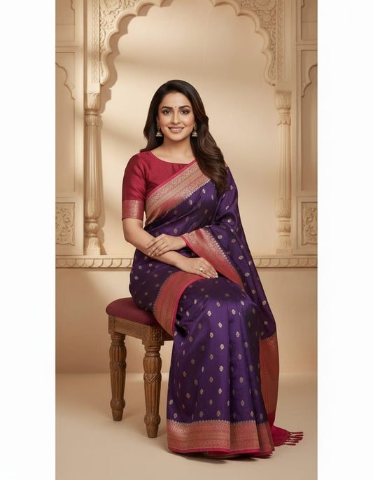 Violet Munga Banarasi Silk Saree with intricate gold zari work, paired with an unstiched blouse for traditional wear.
