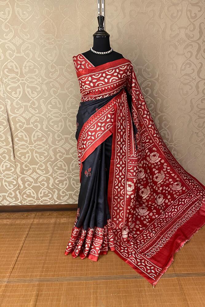Black Red Tussar Embroidery Saree With Kantha Work Border, With Unstitched Blouse
