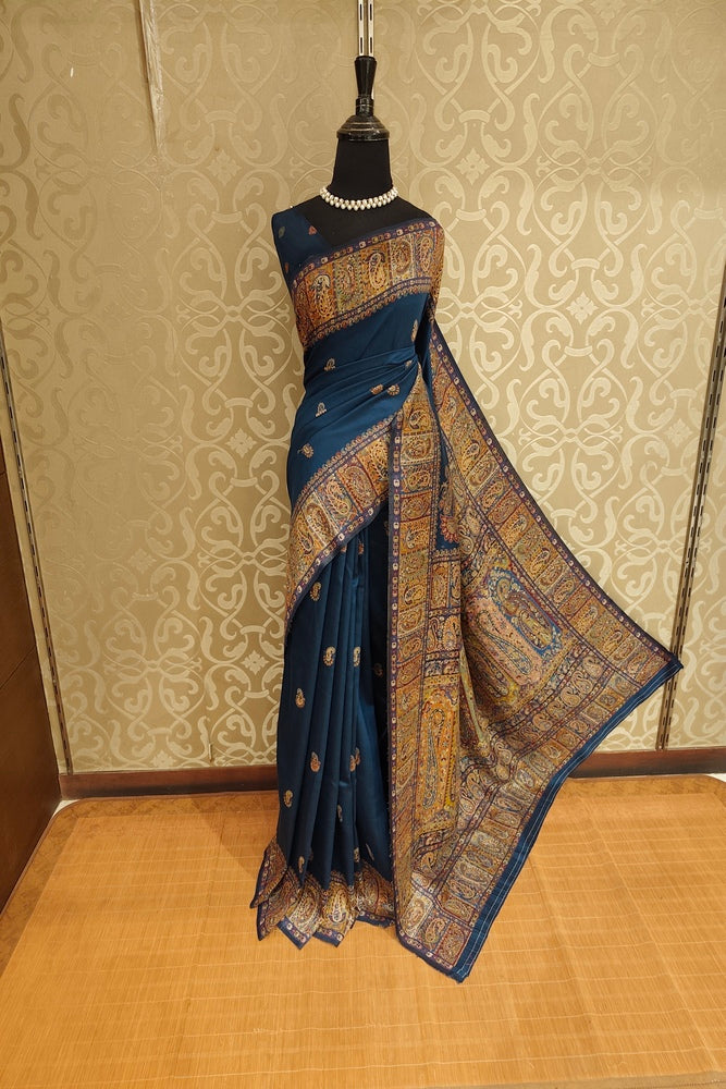 Navy Blue Pure Kani Handloom Silk Saree With Floral Woven Blouse
