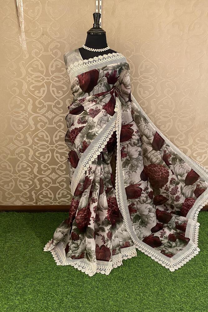 Grey Printed Organza Lace Work Saree, With Unstiched Blouse
