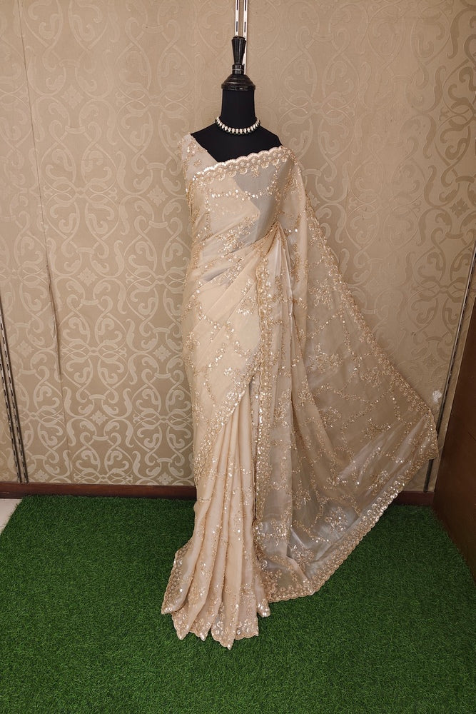 Golden Beige Soft Tissue Organza Silk Embroidery Saree, With Unstiched Blouse