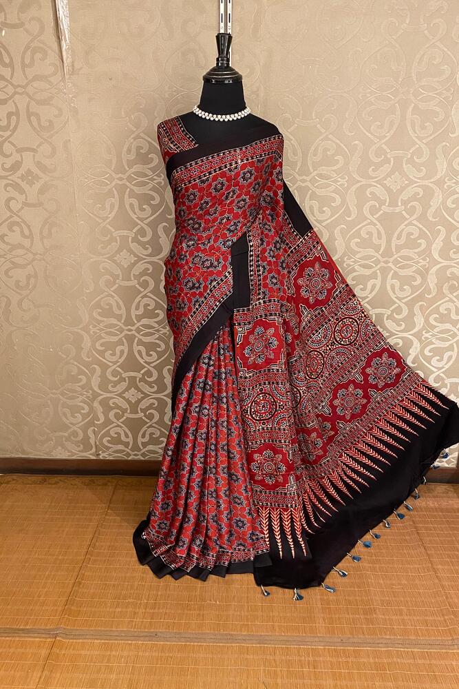 Maroon Pure Modal Silk Ajrakh Printed Saree With Unstiched Blouse