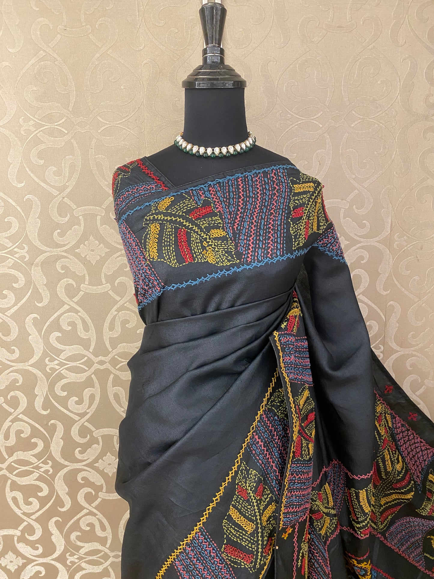 Black Tussar Embroidery Saree With Lambani Work Border, With Unstitched Blouse