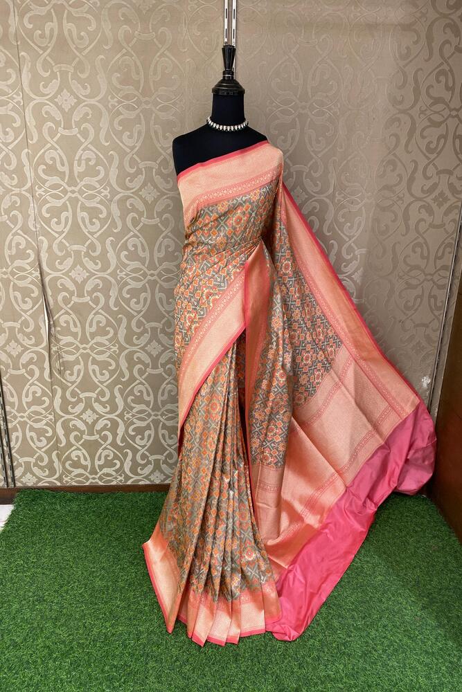 Grey & Multi Banarasi Silk Saree With Patola Concept, With Unstiched Blouse