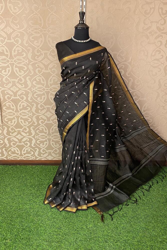 Black pure linen Kashmiri work saree with traditional design and unstiched blouse, showcasing intricate embroidery and elegant drape.