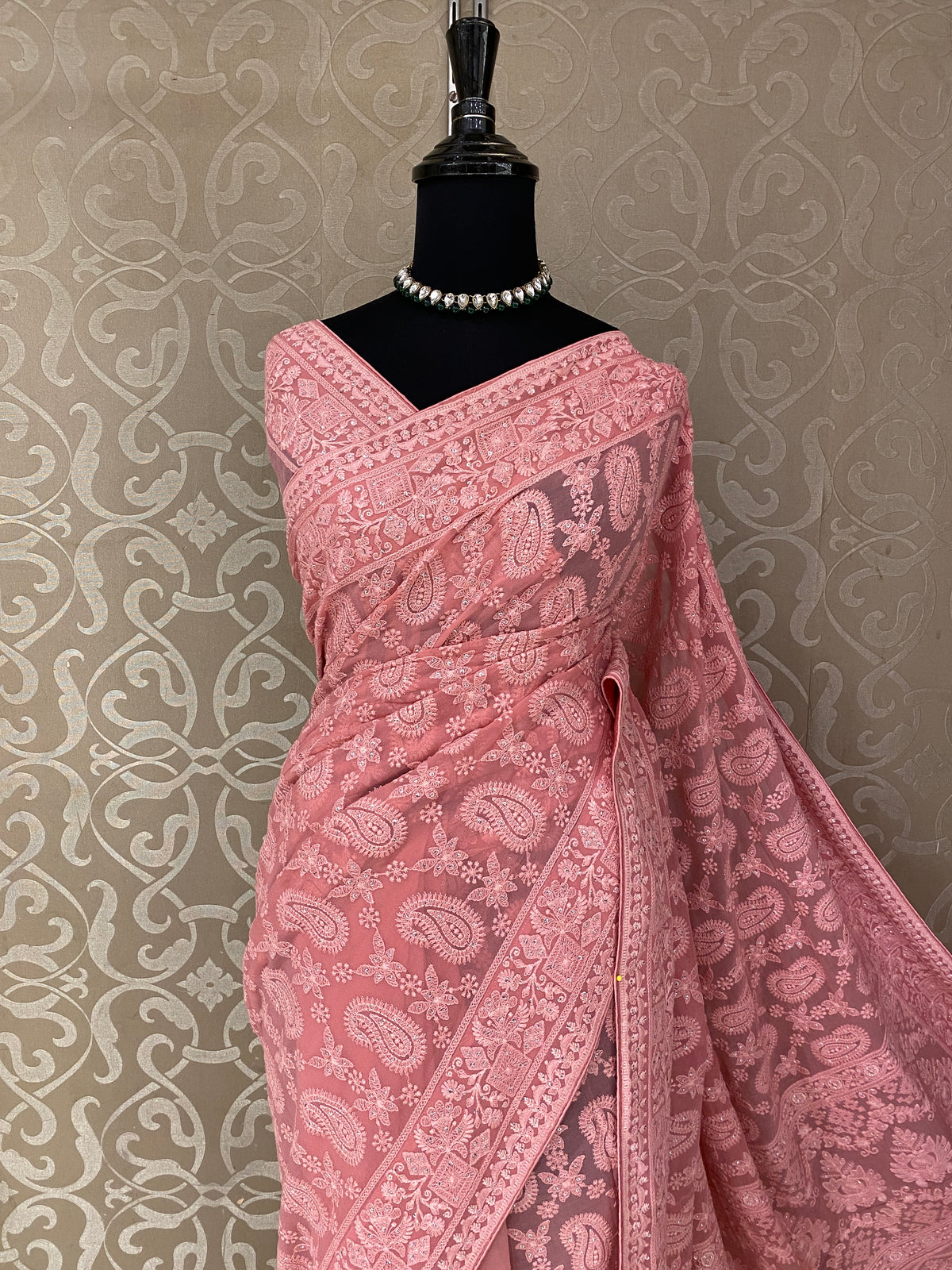 Pink Georgette Chikankari Embroidery Saree, With Unstitched Blouse
