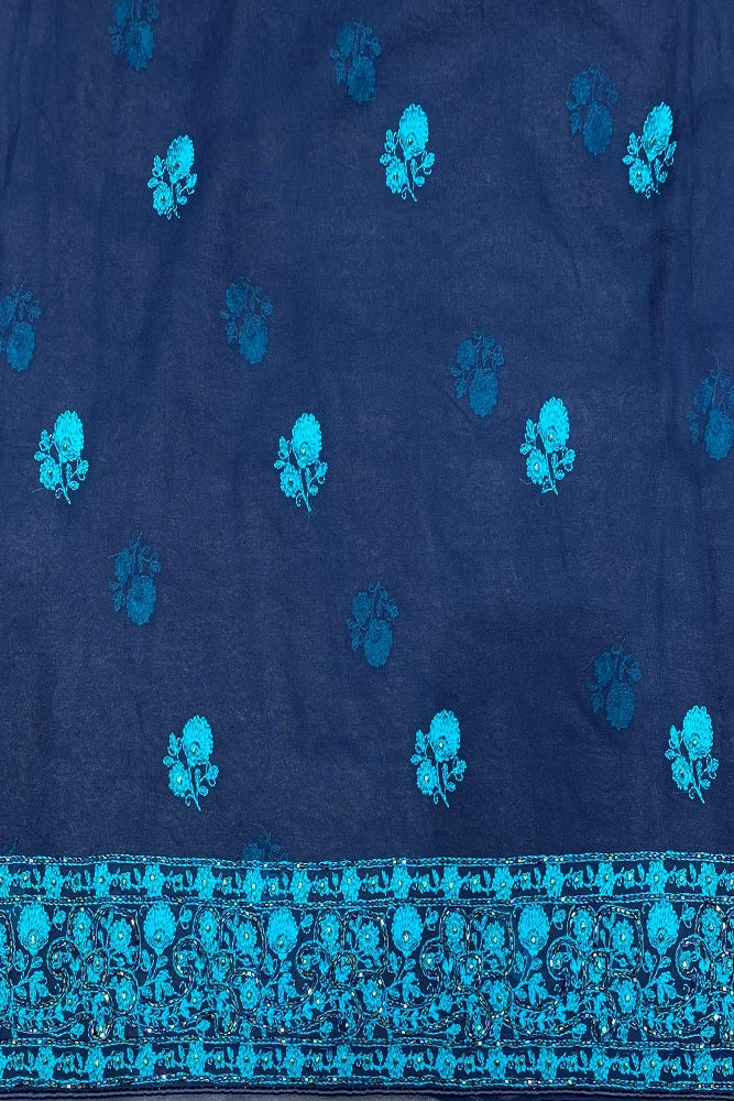 Navy Blue Georgette Saree With Kashmiri Work, With Unstiched Blouse