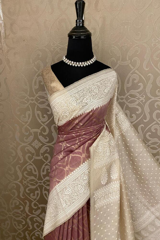 Brown Munga Handloom Saree With Chikankari Work, With Unstiched Blouse
