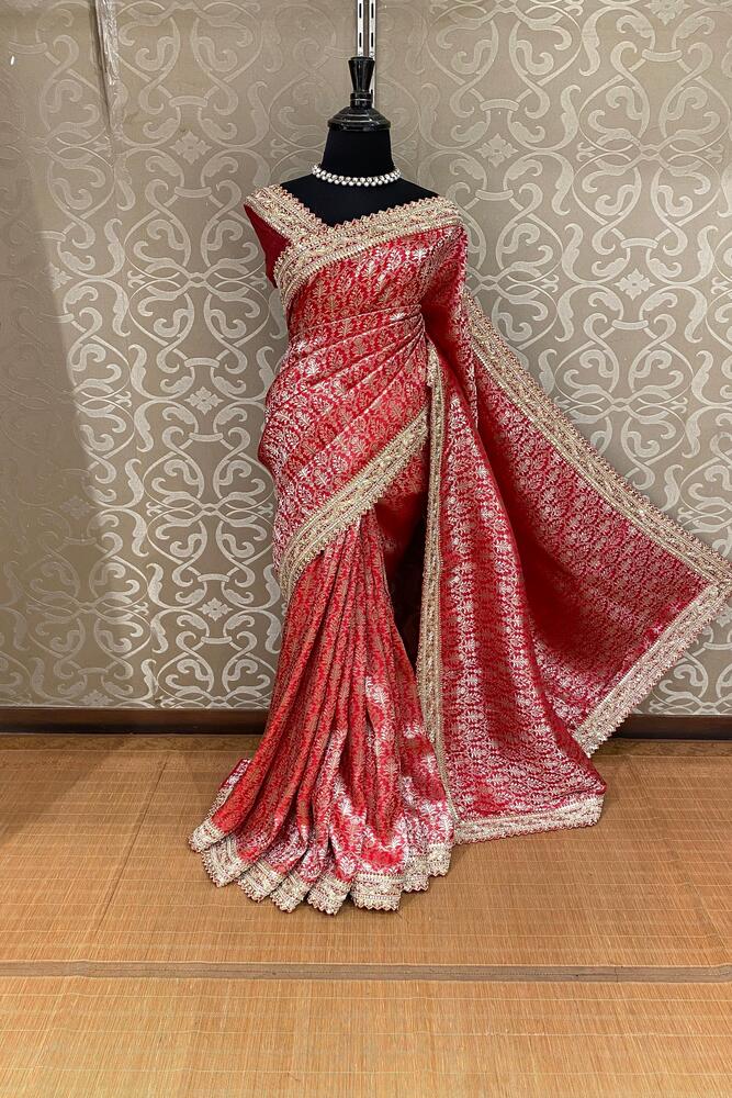 Cherry Red Banarasi Silk Saree With Zardosi Embroidery Work, With Unstiched Blouse