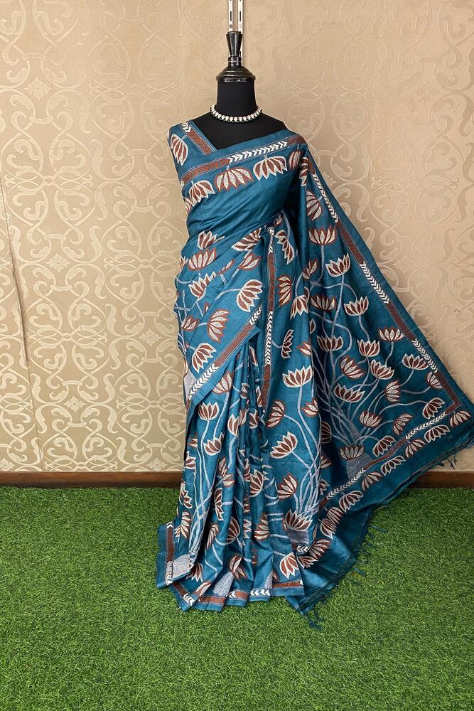 Royal Blue Tussar Embroidery Saree With Kantha Work Border, With Unstitched Blouse