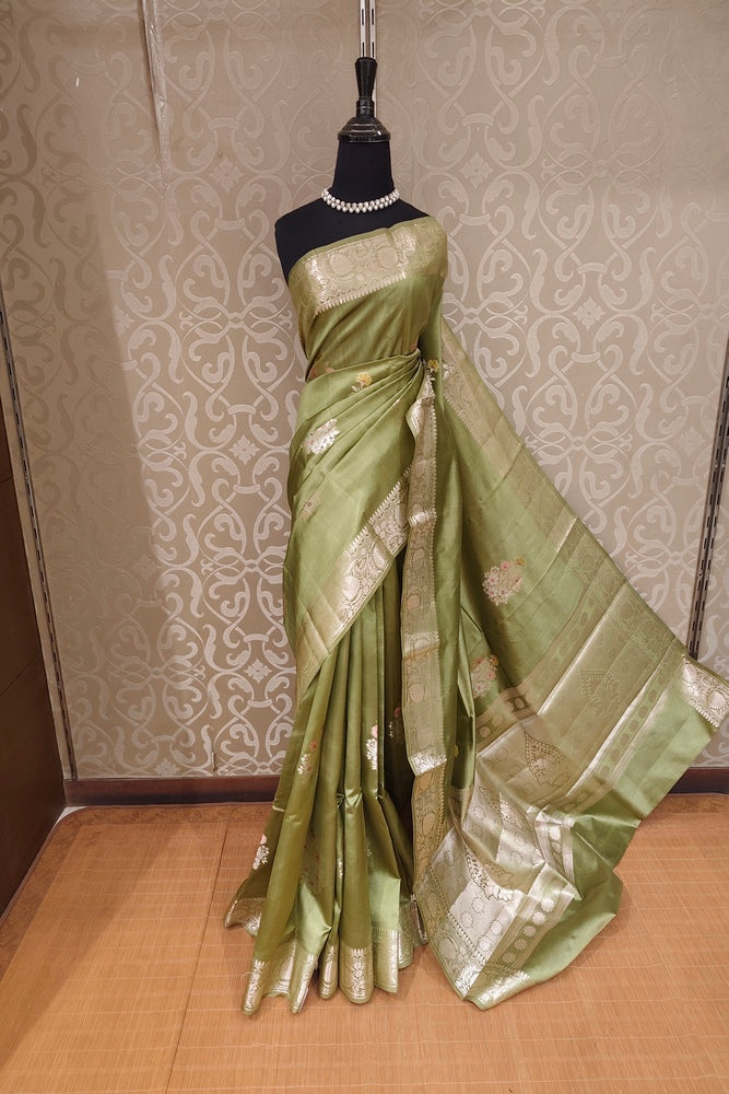 Pista Green Chiniya Silk Saree Hand Woven Butas, With Unstiched Blouse