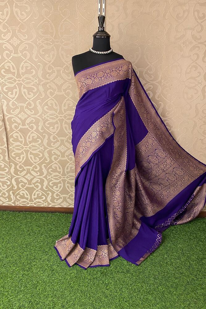 Purple Mysore Crepe Silk Banarasi Saree with intricate gold zari work and matching unstiched blouse, traditional Indian wear from Saarang Sarees.