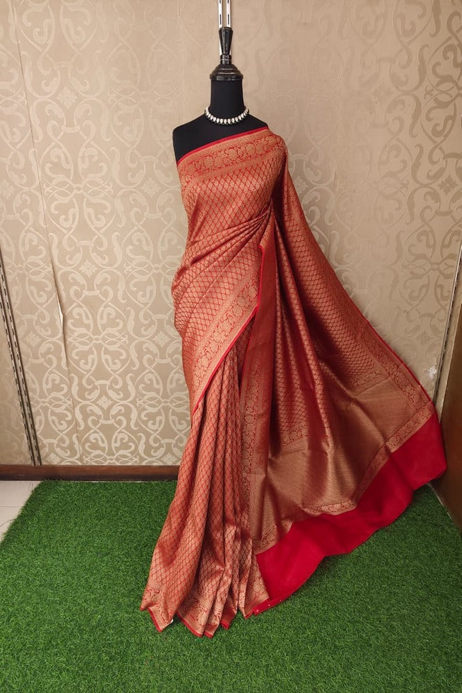 Red Brocade Kora Banarasi Silk Saree, With Unstiched Blouse