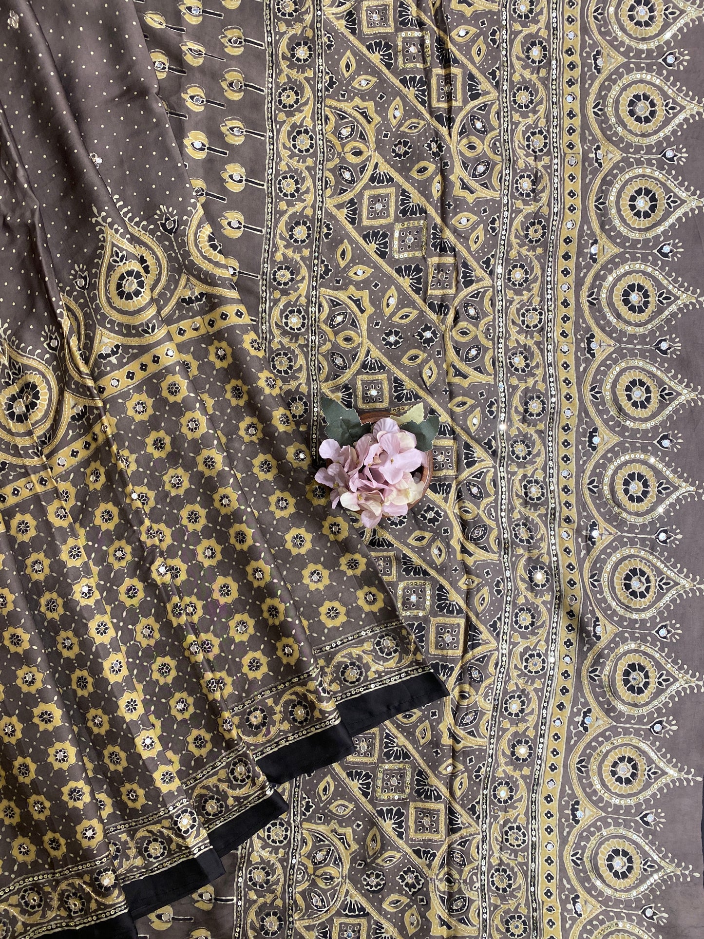 Deep Grey Pure Modal Silk Ajrakh Printed Saree With Unstiched Blouse
