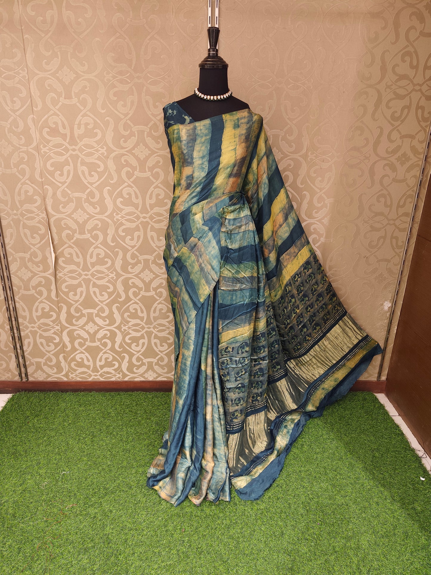 Multi Pure Modal Silk Ajrakh Printed Saree With Unstich Blouse