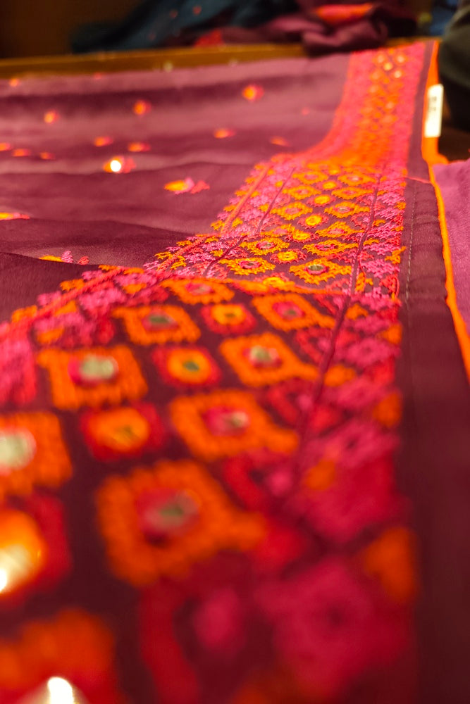 Deep Purple Semi Munga Silk Cross Stitch Work Saree, With Unstiched Blouse