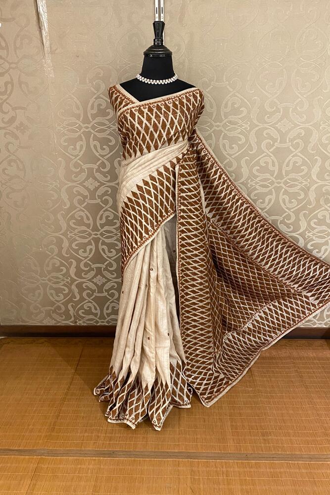 Off-White Tussar Embroidery Saree With Kathiawari Work Border, With Unstitched Blouse