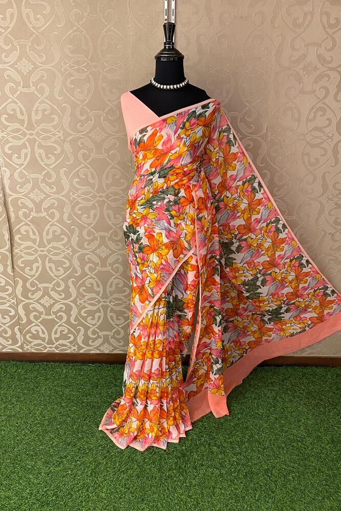 Peach Multi Floral Printed Chiffon Saree, With Unstiched Blouse Piece