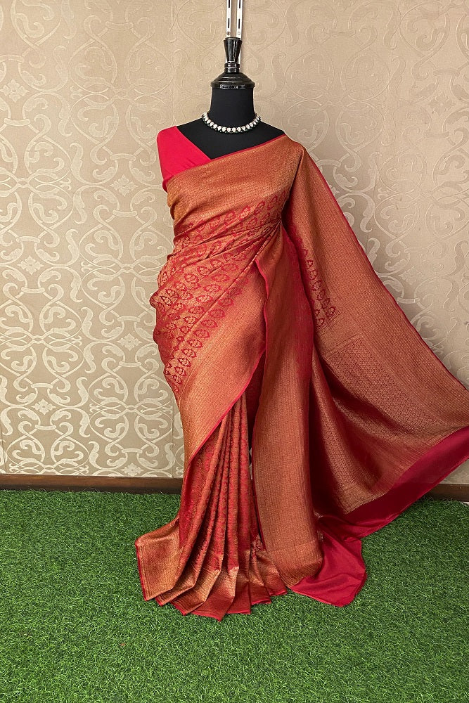 Party wear Rani Mysore crepe saree with rangkat work and unstiched blouse from Saarang Sarees, showcasing intricate embroidery.