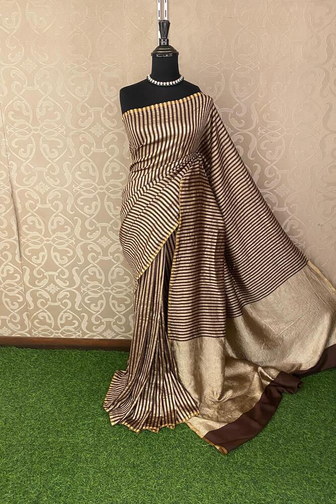 Gold & Dark Brown Zari Stripe Munga Borderless Saree, With Unstiched Blouse
