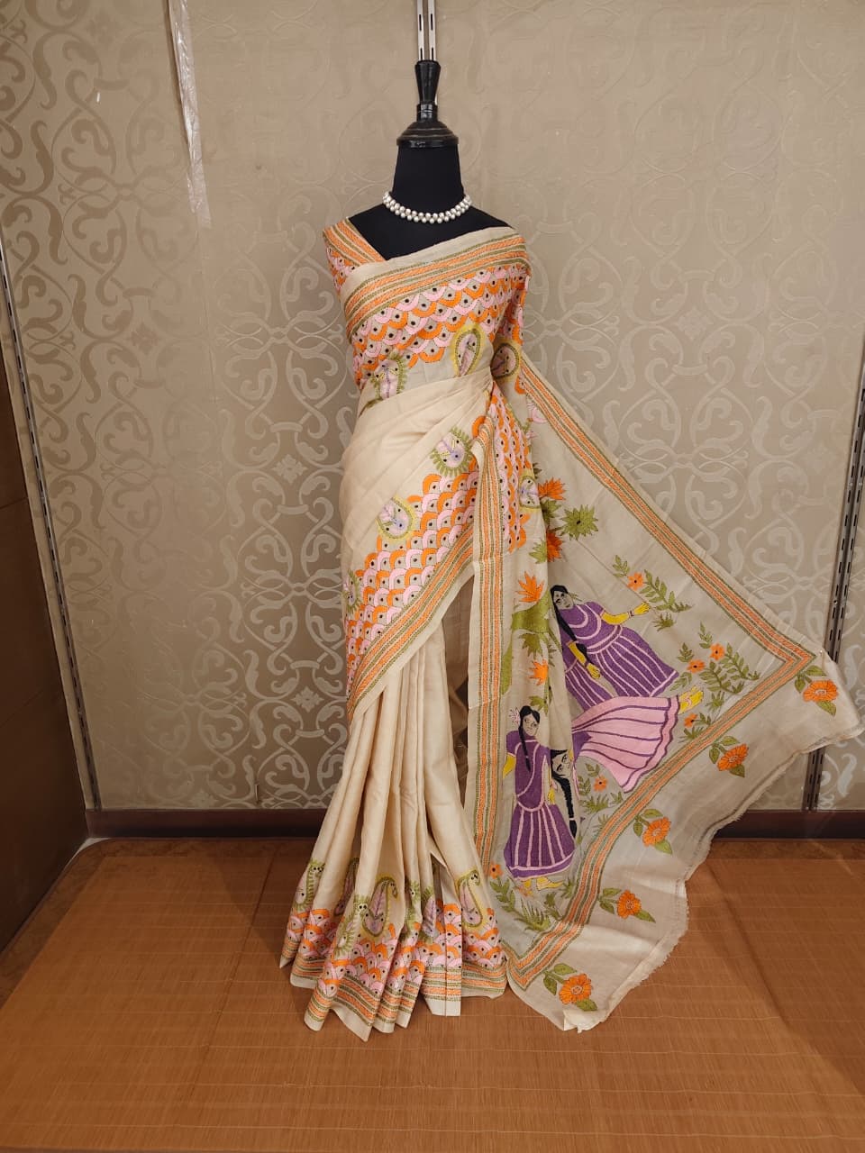 Beige Tussar embroidery saree with kantha work border and unstitched blouse, traditional wear by Saarang Sarees.