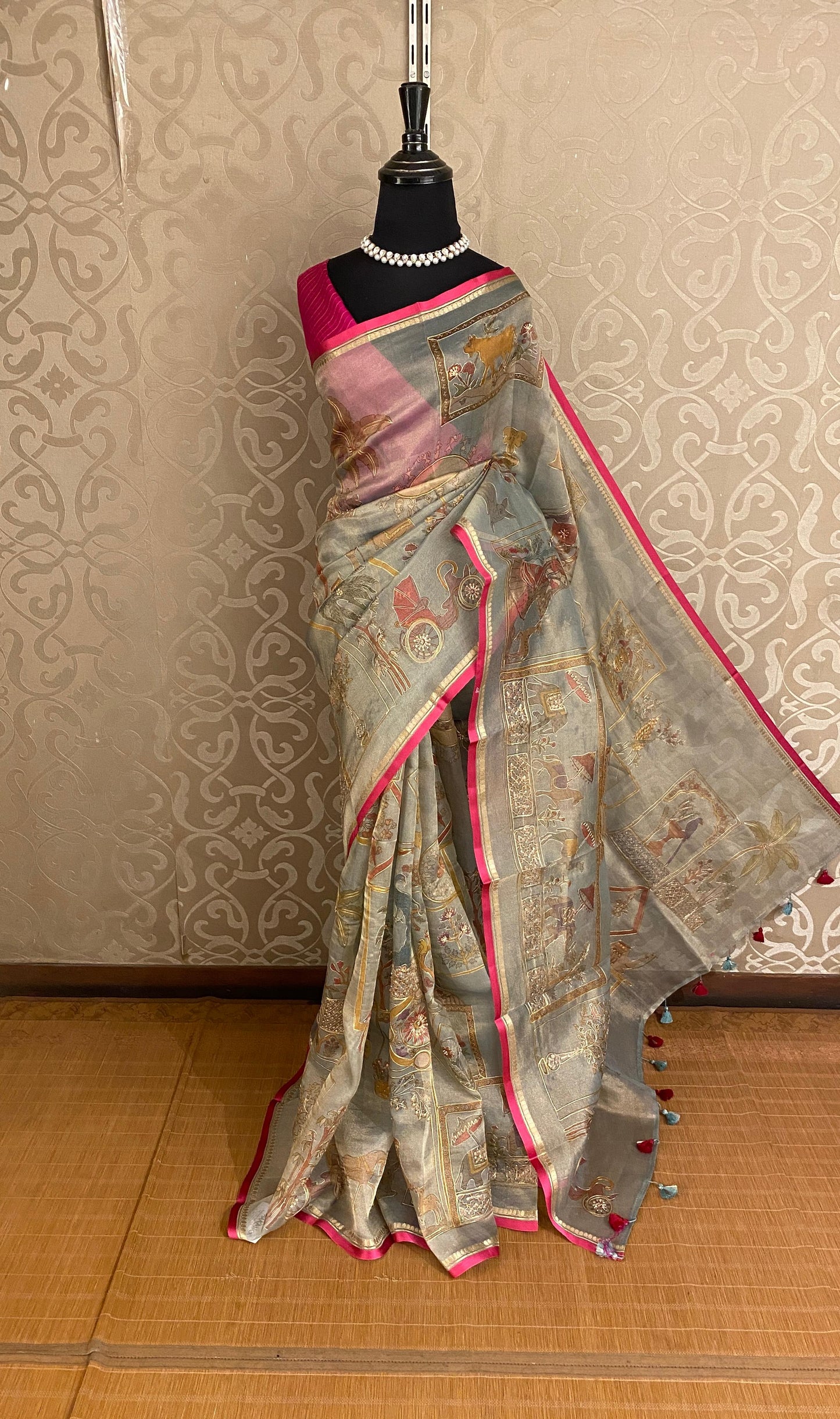 Grey Tissue Organza Silk With Ari Work Saree, With Unstiched Blouse