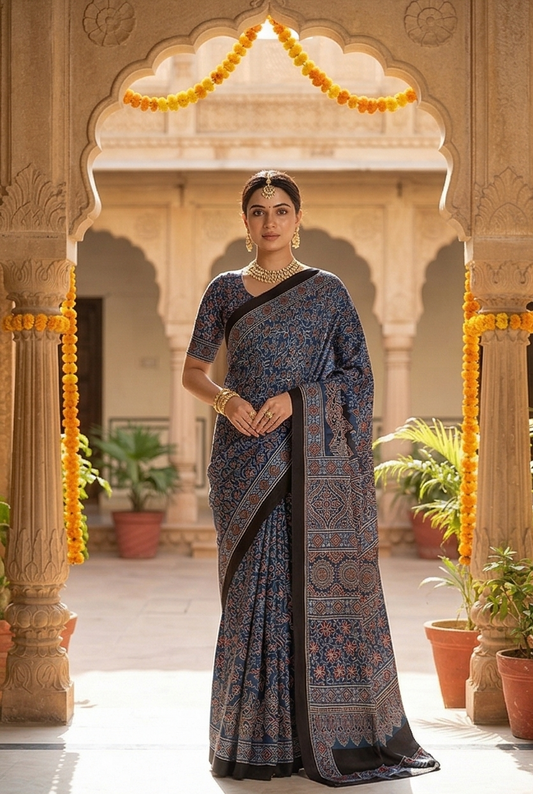Royal Blue Pure Modal Silk Ajrakh Printed Saree With Unstiched Blouse