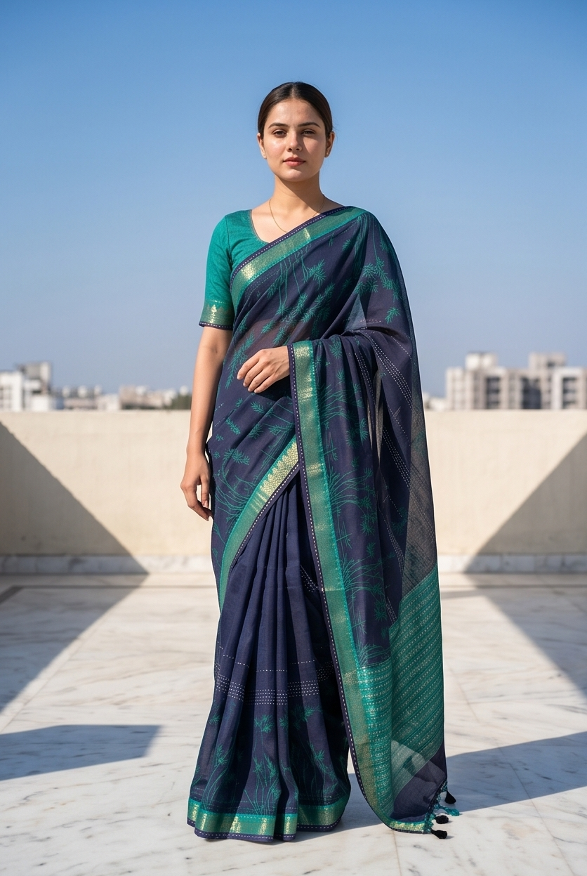 Navy Blue Printed Munga Silk Saree, With Unstiched Blouse