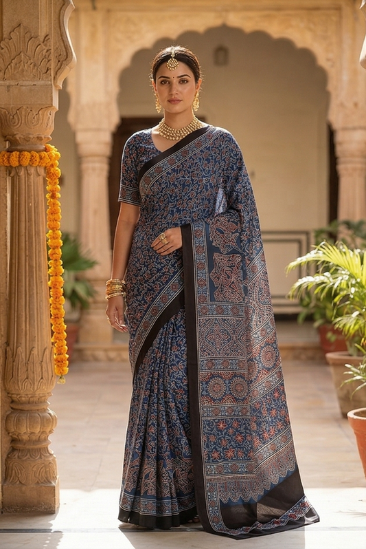 Royal Blue Pure Modal Silk Ajrakh Printed Saree With Unstiched Blouse