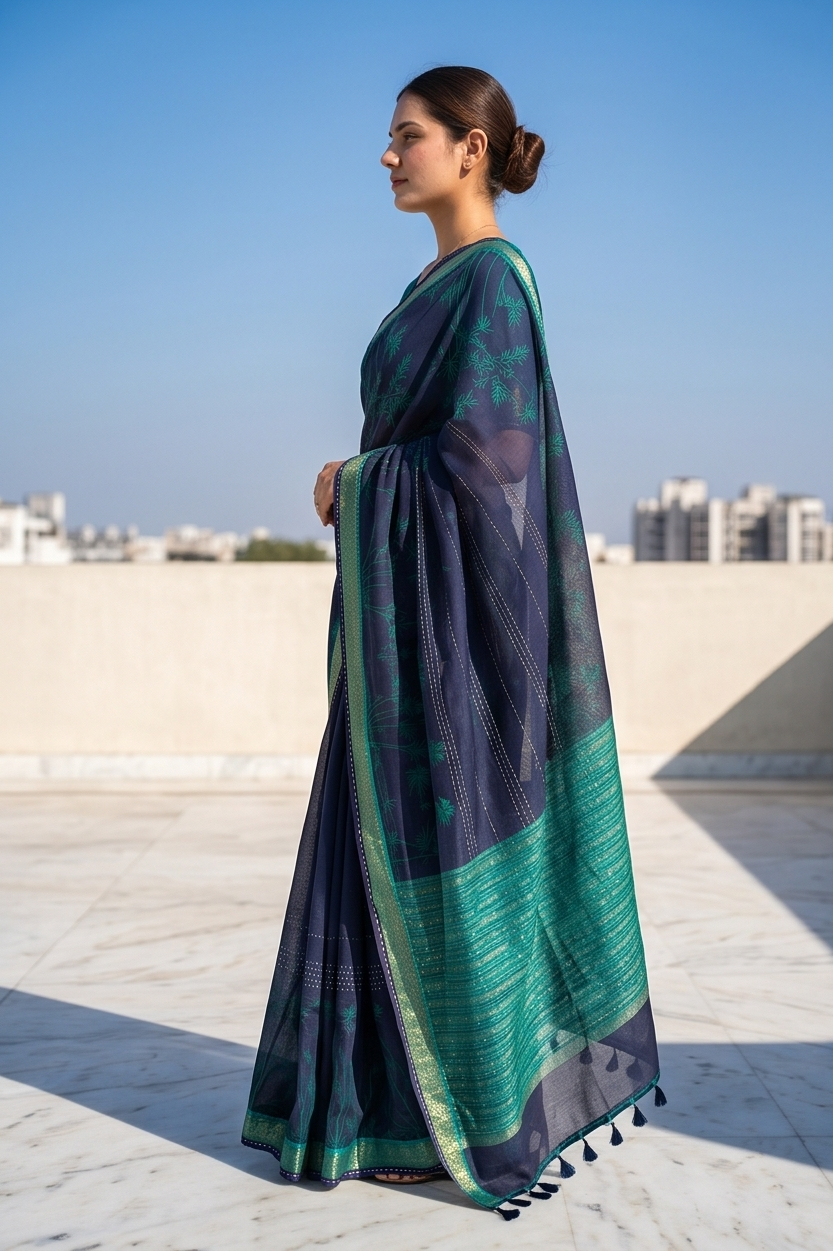 Navy Blue Printed Munga Silk Saree, With Unstiched Blouse