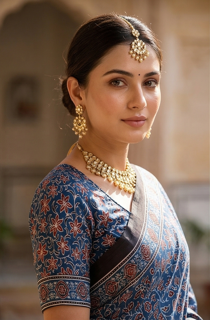 Royal Blue Pure Modal Silk Ajrakh Printed Saree With Unstiched Blouse