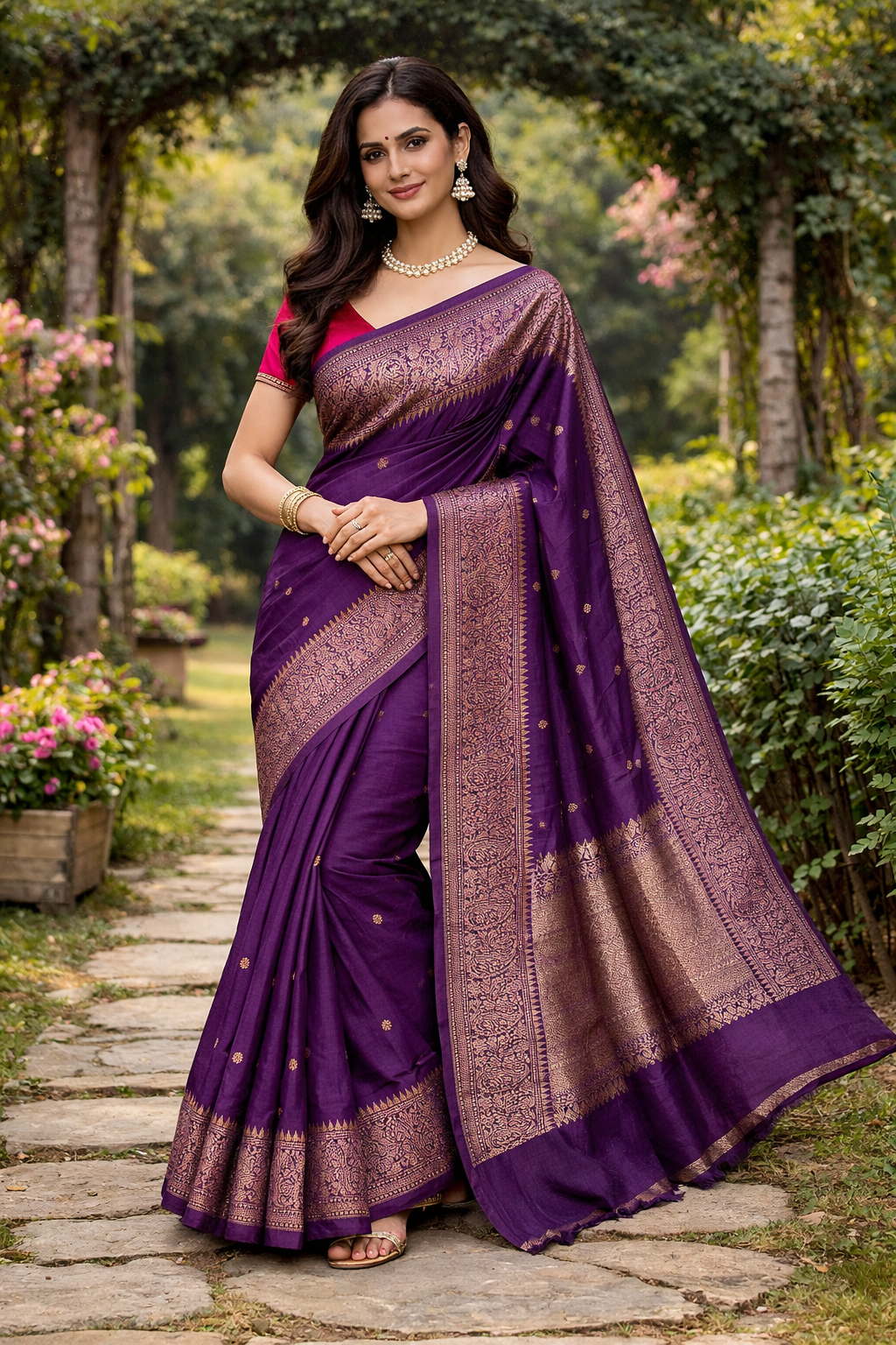 Deep Purple Pure Raw Tussar Banarasi Silk Saree, Hand Woven Motifs With Unstiched Blouse