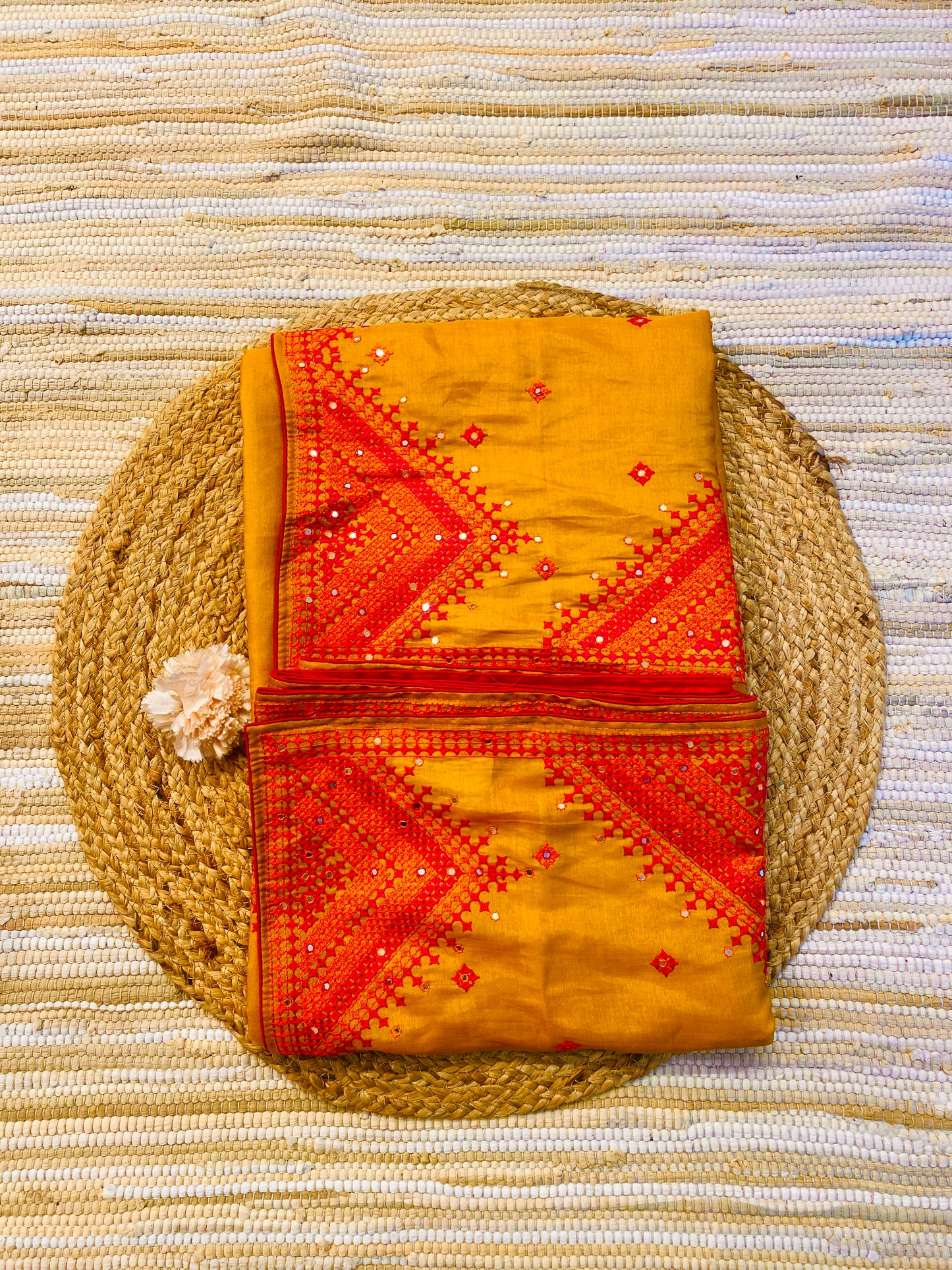 Mustard Yellow Semi Munga Silk Cross Stitch Embroidery Work Saree, With Unstiched Blouse