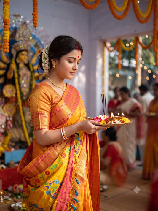 Golden Orange Gadwal Silk Sarees With Unstiched Blouse