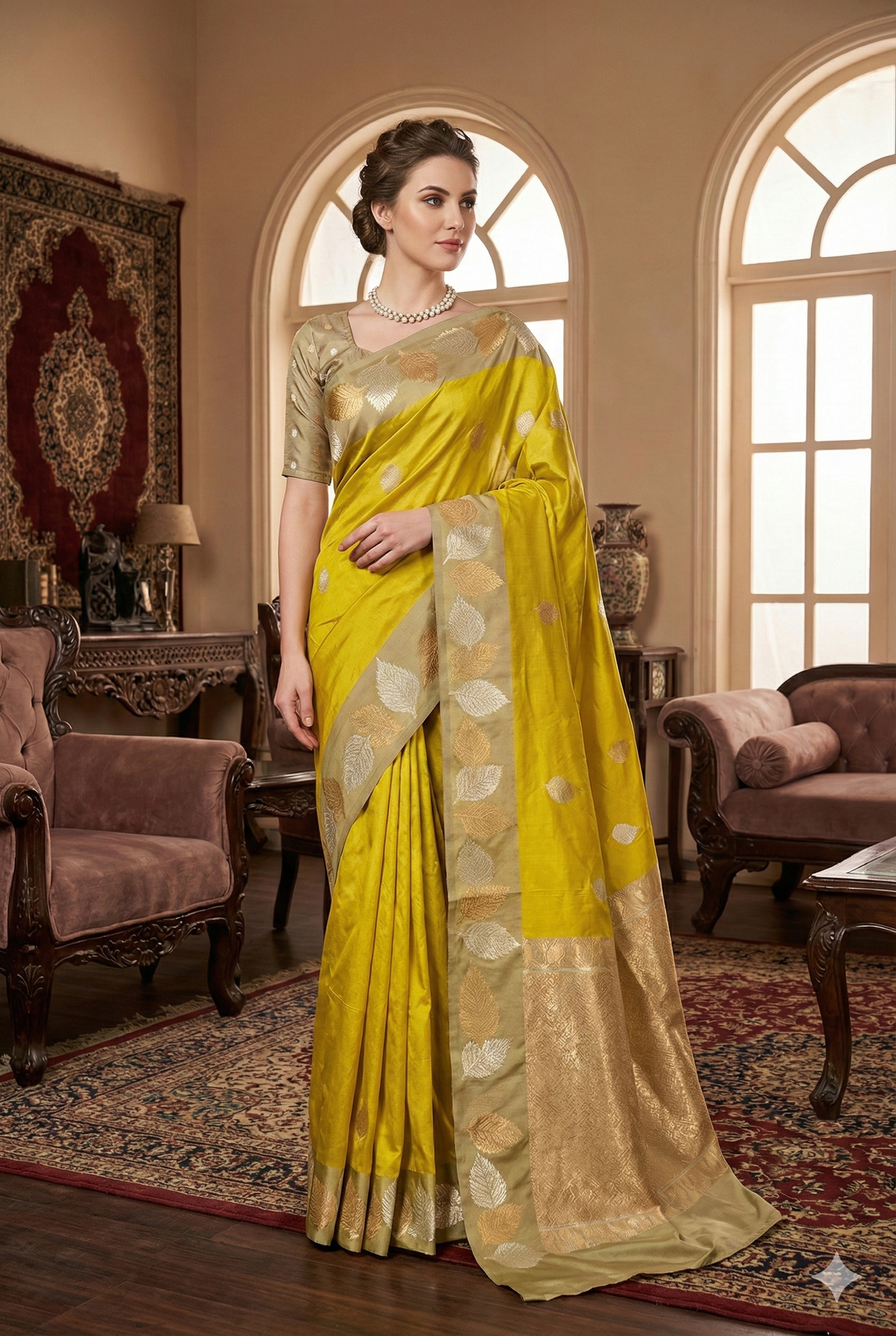 Yellow Katan Banarasi Saree Hand Woven Work, With Unstiched Blouse