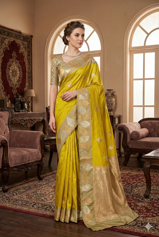 Yellow Katan Banarasi Saree Hand Woven Work, With Unstiched Blouse