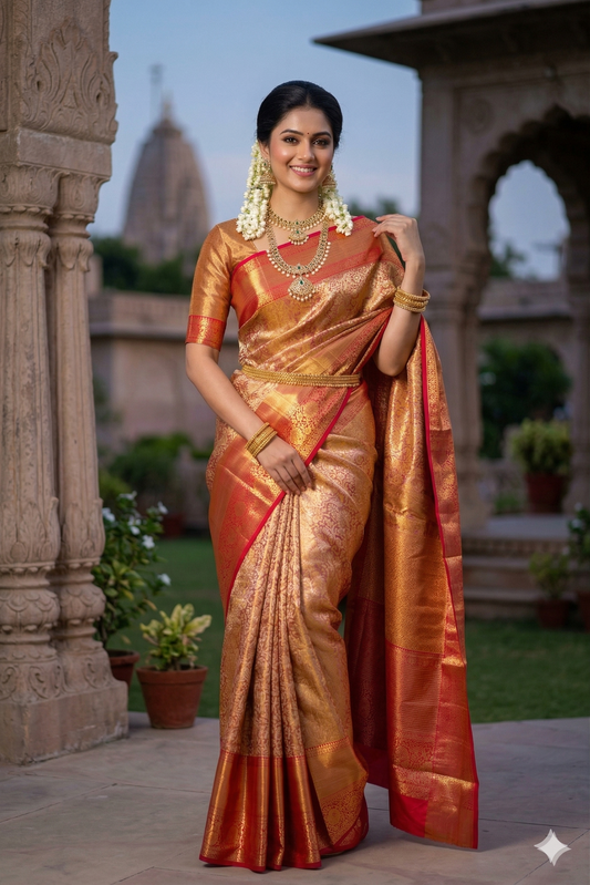 Golden Kanjeevaram silk saree by Saarang Sarees with traditional design and matching unstiched blouse, draped elegantly.