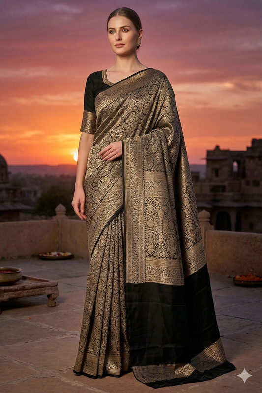 Black brocade crepe Khaddi silk saree with intricate patterns, paired with an unstitched blouse for party wear, by Saarang Sarees.