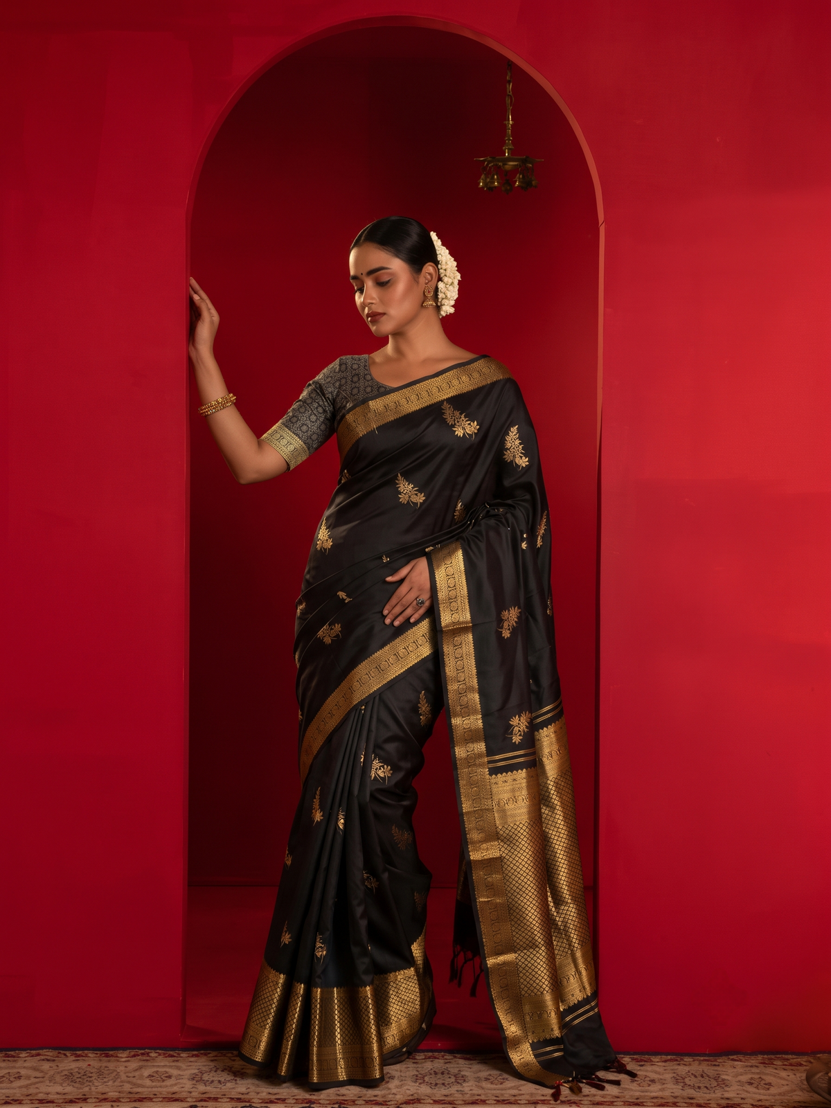 Black Pure Kanjeevaram Silk Saree, With Unstiched Blouse