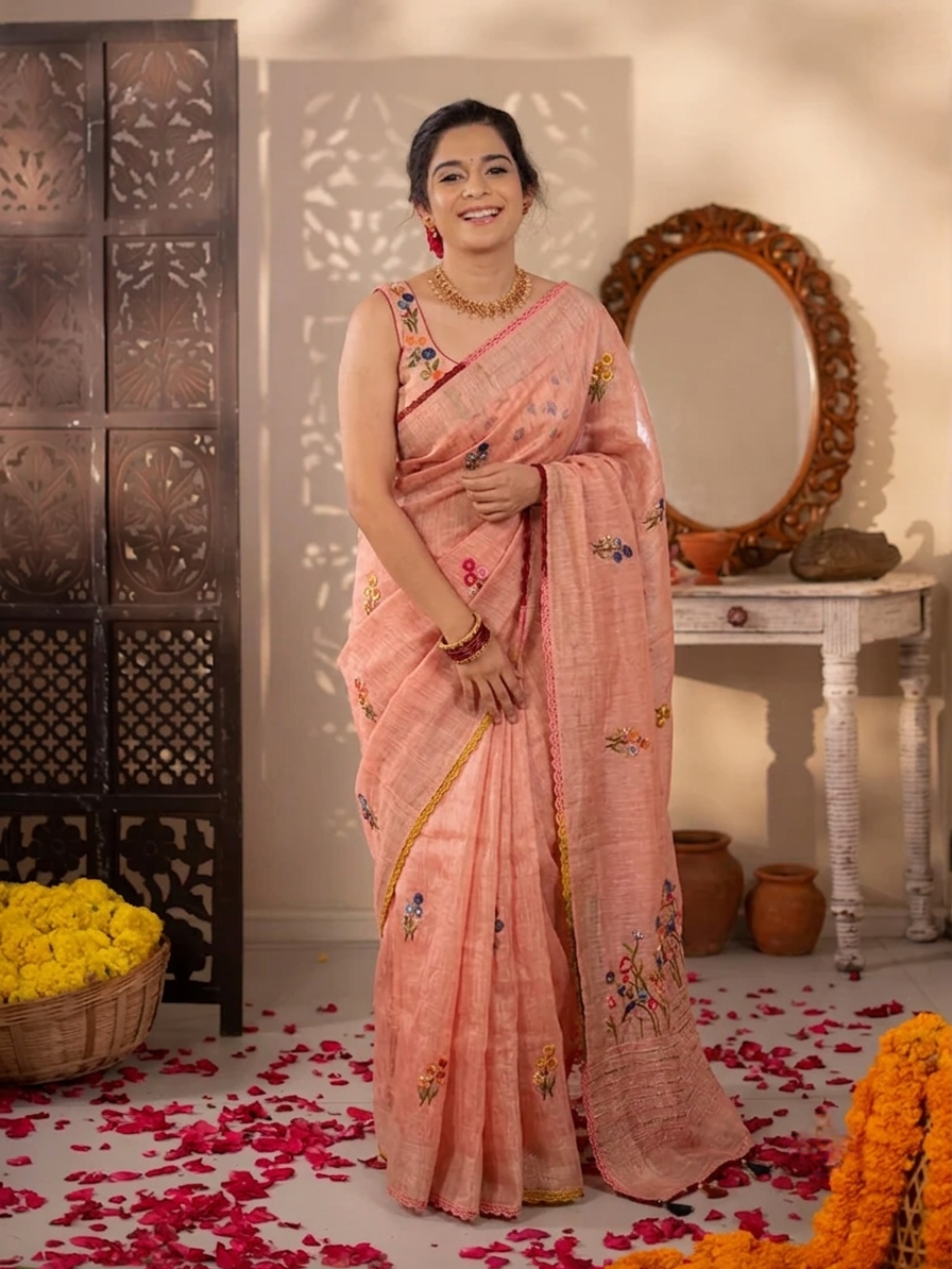 Peach Linen Silk Saree Hand Embroidered Work, With Unstiched Blouse