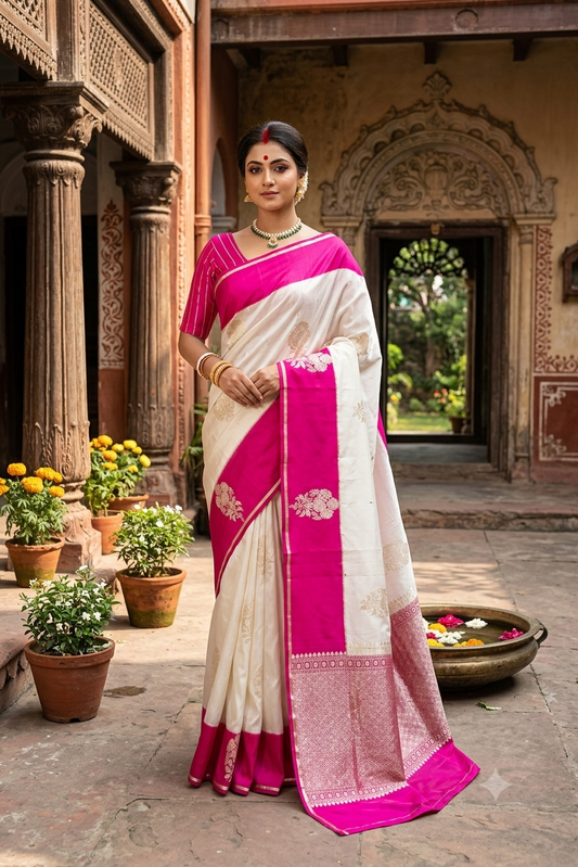 Off-White Purple Border Mashru Silk Banarasi Handloom Saree, With Unstiched Blouse