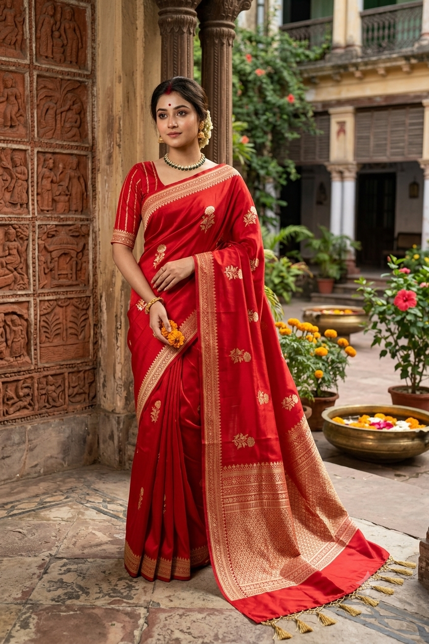 Cherry Red Mashru Silk Banarasi Handloom Saree, With Unstiched Blouse