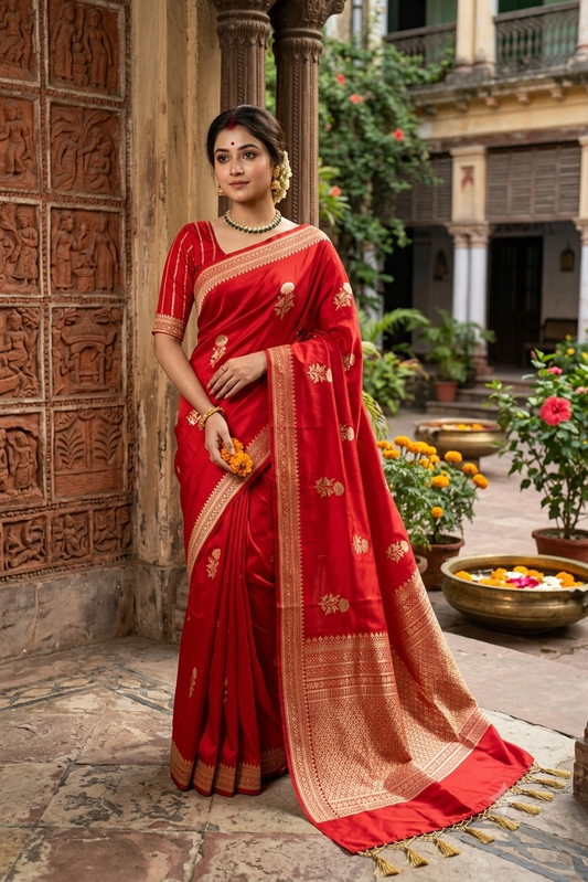 Cherry Red Mashru Silk Banarasi Handloom Saree, With Unstiched Blouse
