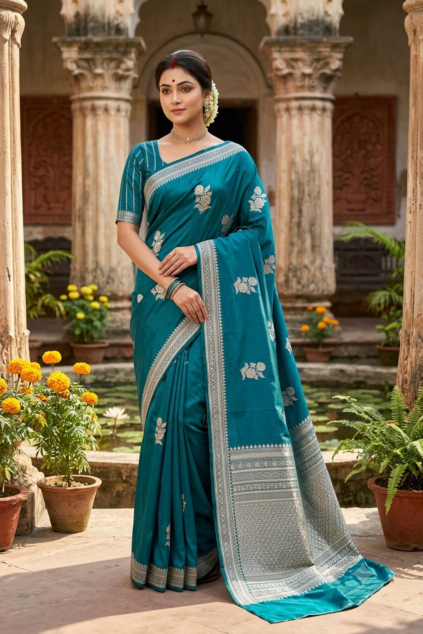 Greenish Blue Mashru Silk Banarasi Handloom Saree, With Unstiched Blouse