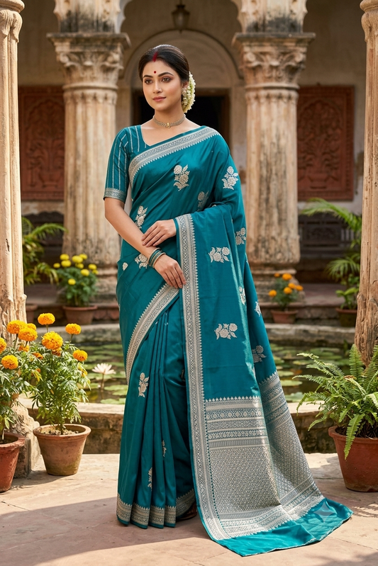 Greenish Blue Mashru Silk Banarasi Handloom Saree, With Unstiched Blouse