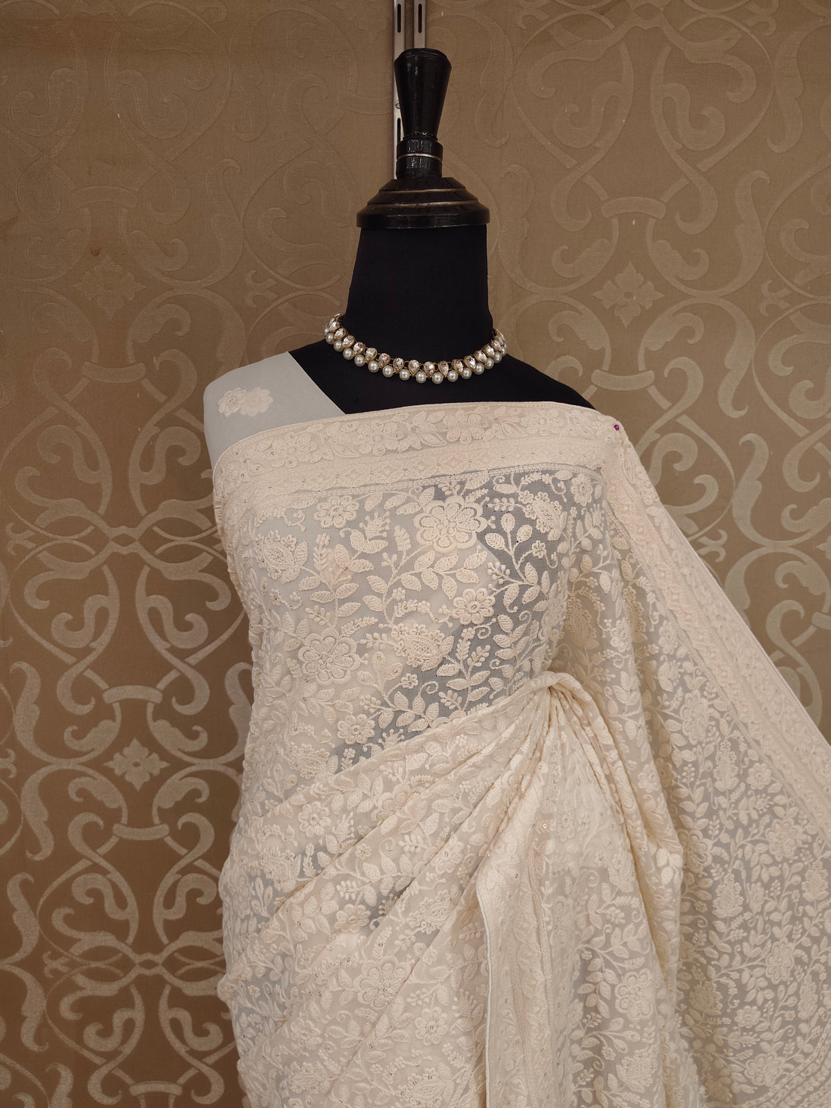 Off-White Georgette Chikankari Embroidery Saree, With Unstitched Blouse