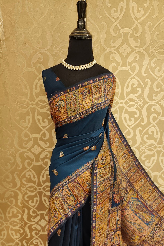 Navy Blue Pure Kani Handloom Silk Saree With Floral Woven Blouse