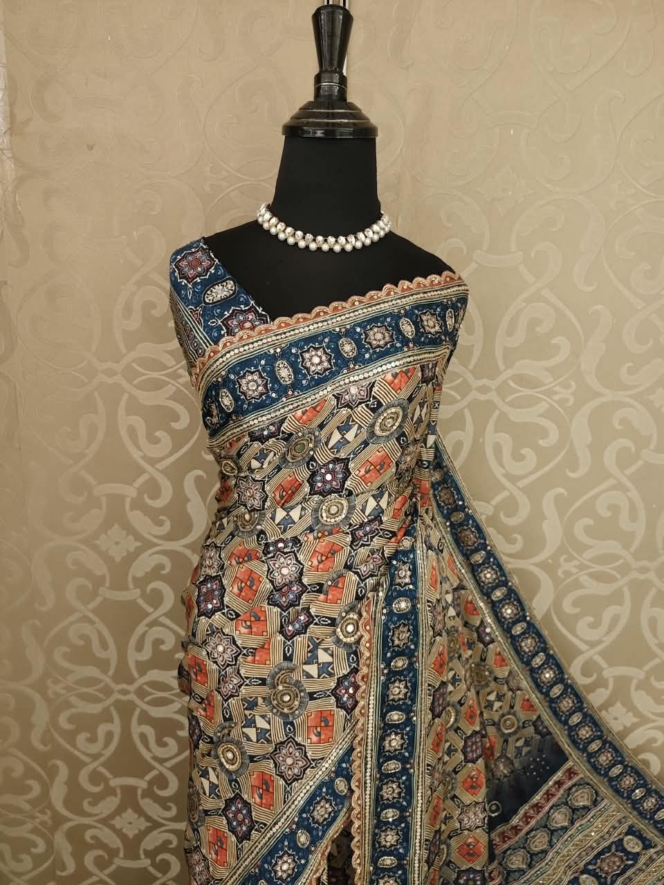 Multi Pure Modal Silk Ajrakh Printed Embroidery Saree With Unstiched Blouse