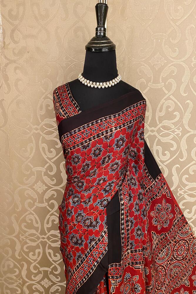 Maroon Pure Modal Silk Ajrakh Printed Saree With Unstiched Blouse