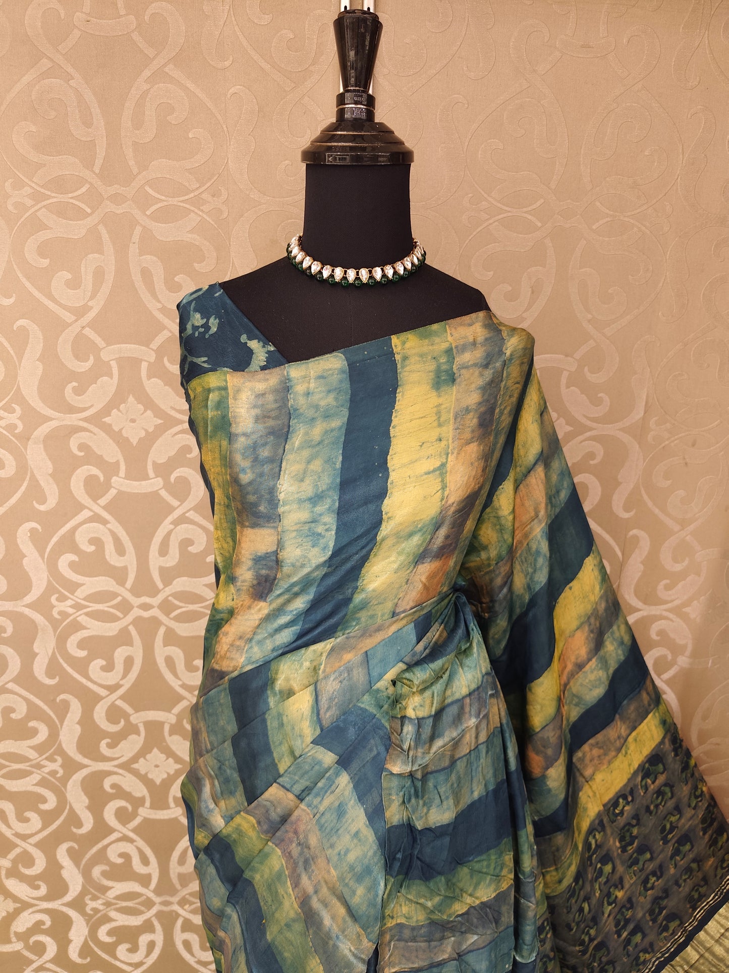 Multi Pure Modal Silk Ajrakh Printed Saree With Unstich Blouse